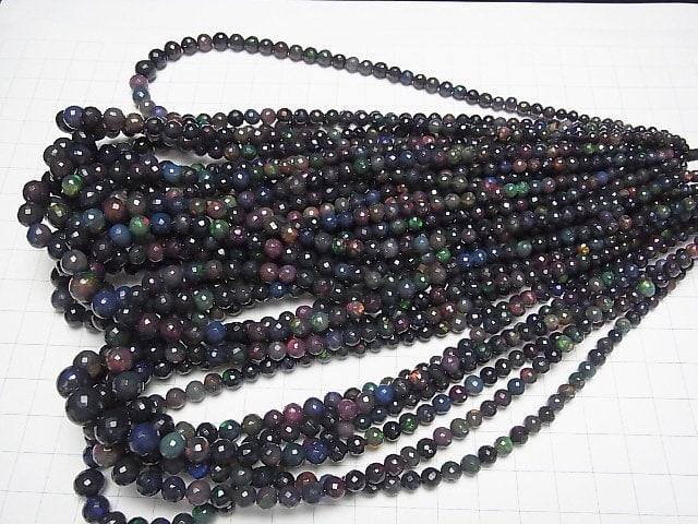 [Video]High Quality Ethiopian Black Opal AAA Faceted Round 3-8mm half or 1strand beads (aprx.15inch/38cm)