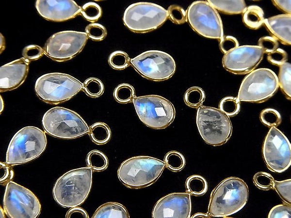 [Video]High Quality Rainbow Moonstone AA++ Bezel Setting Faceted Pear Shape 7x5mm 18KGP 3pcs
