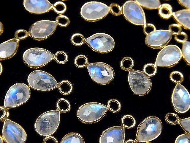 [Video]High Quality Rainbow Moonstone AA++ Bezel Setting Faceted Pear Shape 7x5mm 18KGP 3pcs