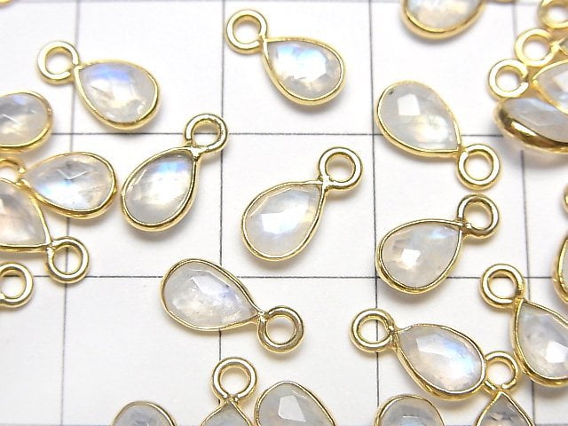 [Video]High Quality Rainbow Moonstone AA++ Bezel Setting Faceted Pear Shape 7x5mm 18KGP 4pcs