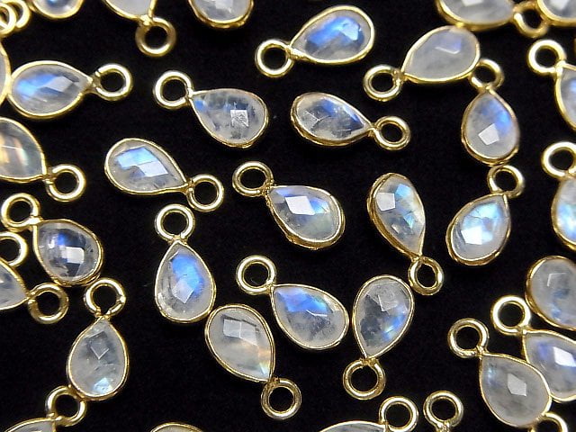 [Video]High Quality Rainbow Moonstone AA++ Bezel Setting Faceted Pear Shape 7x5mm 18KGP 4pcs