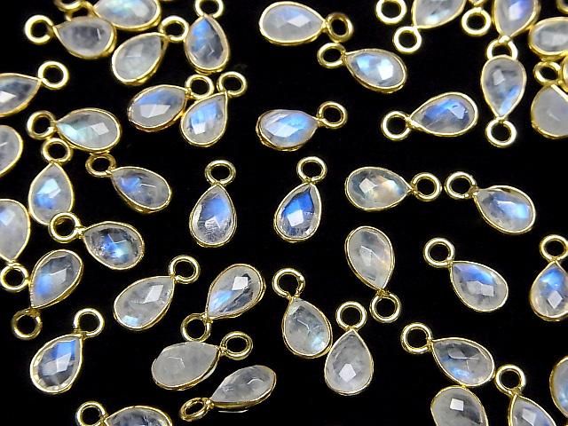 [Video]High Quality Rainbow Moonstone AA++ Bezel Setting Faceted Pear Shape 7x5mm 18KGP 3pcs