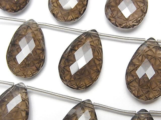 [Video] High Quality Smoky Quartz AAA Carved Faceted Pear Shape 1strand (5pcs )
