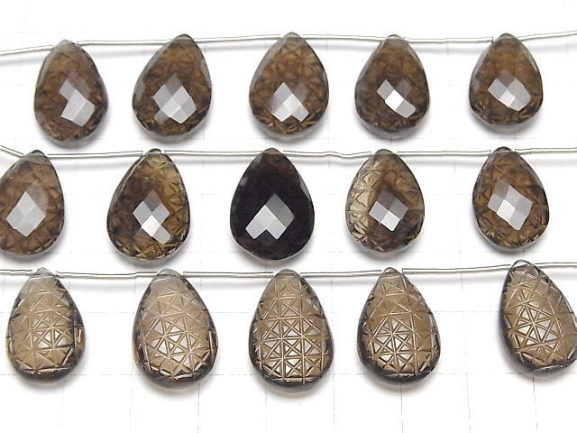 [Video]High Quality Smoky Quartz AAA Carved Pear shape 1strand (5pcs)