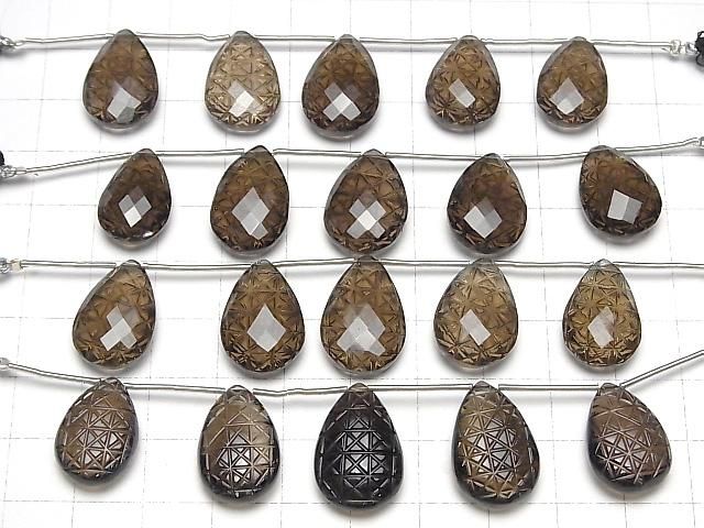 [Video] High Quality Smoky Quartz AAA Carved Faceted Pear Shape 1strand (5pcs )
