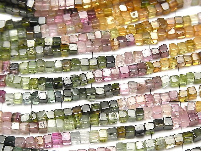 [Video]High Quality Multi color Tourmaline AA++ Cube half or 1strand beads (aprx.15inch/38cm)