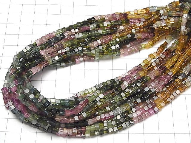 [Video]High Quality Multi color Tourmaline AA++ Cube half or 1strand beads (aprx.15inch/38cm)