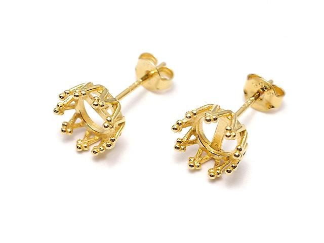 [Video] Silver925 Crown Earstuds Earrings Frame & Catch for Cabochon [4mm][5mm][6mm][8mm][10mm] 18KGP 1 pair (2 pieces)