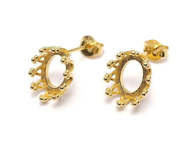 [Video] Silver925 Crown Earstuds Earrings Frame & Catch for Cabochon [6x4mm][7x5mm][8x6mm][10x8mm] 18KGP 1 pair (2 pieces)