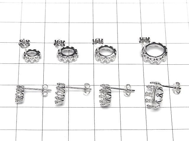 [Video] Silver925 Crown Earstuds, Earrings Frame & Back for Cabochon [6x4mm][7x5mm][8x6mm][10x8mm] Rhodium Plated, 1 pair (2 pieces)