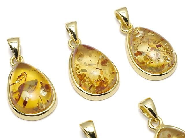 [Video] Baltic Amber Pear Shape Pendant 15x11mm 18KGP 1pc