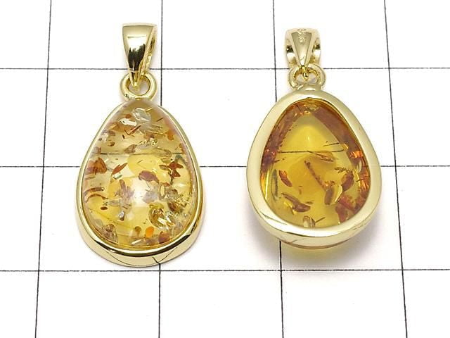 [Video] Baltic Amber Pear Shape Pendant 15x11mm 18KGP 1pc
