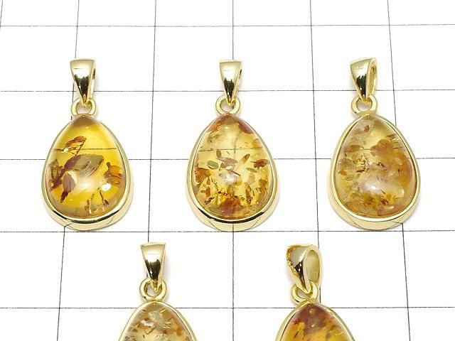 [Video] Baltic Amber Pear Shape Pendant 15x11mm 18KGP 1pc