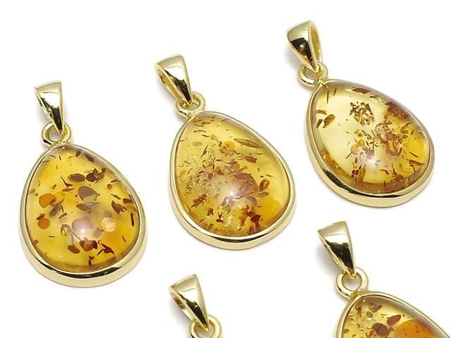 [Video] Baltic Amber Pear Shape Pendant 17x13mm 18KGP 1pc