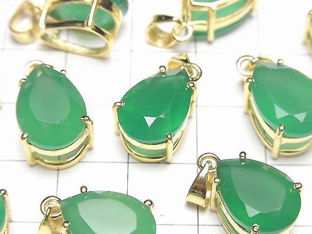 [Video]High Quality Green Onyx AAA Pear shape Faceted Pendant 14x10mm 18KGP 1pc