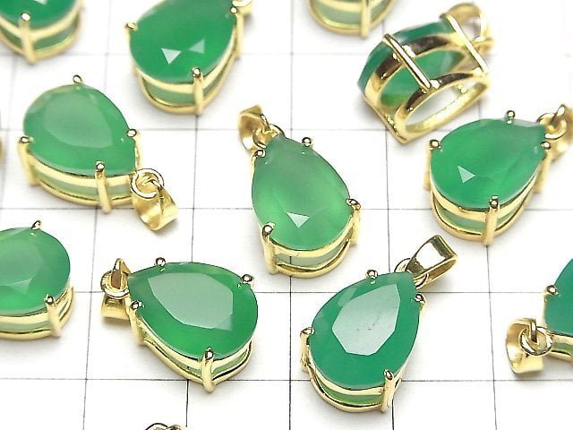 [Video]High Quality Green Onyx AAA Pear shape Faceted Pendant 14x10mm 18KGP 1pc