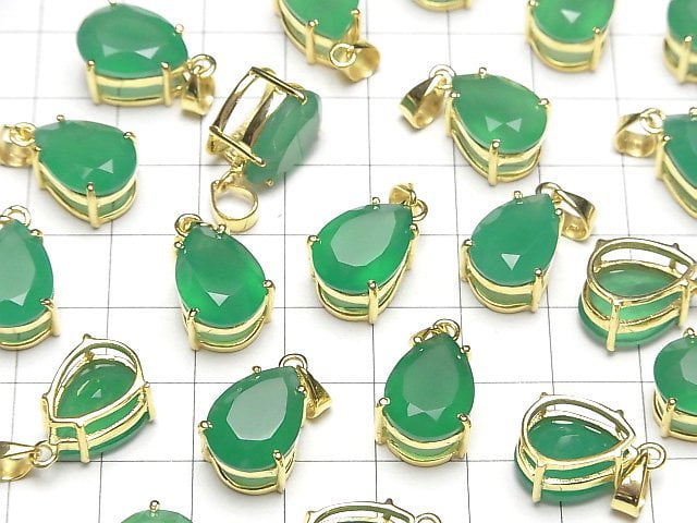 [Video]High Quality Green Onyx AAA Pear shape Faceted Pendant 14x10mm 18KGP 1pc