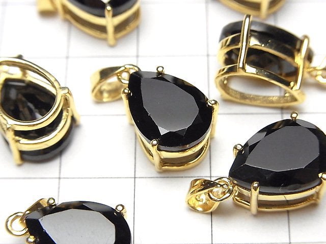 [Video]High Quality Black Spinel AAA Pear shape Faceted Pendant 14x10mm 18KGP 1pc