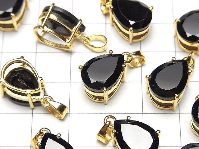 [Video]High Quality Black Spinel AAA Pear shape Faceted Pendant 14x10mm 18KGP 1pc