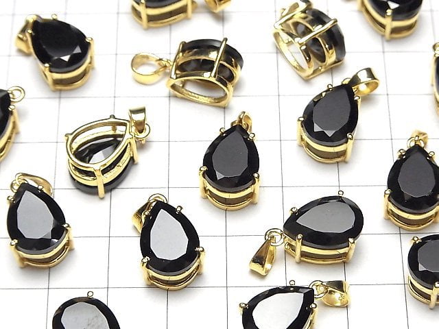 [Video]High Quality Black Spinel AAA Pear shape Faceted Pendant 14x10mm 18KGP 1pc