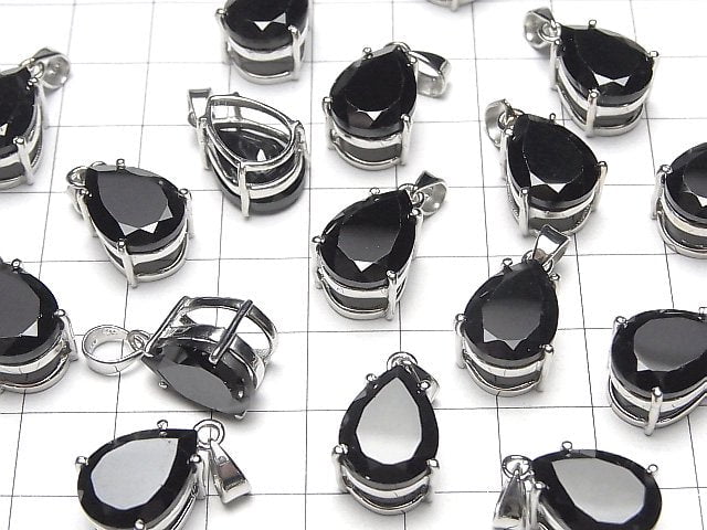 [Video]High Quality Black Spinel AAA Pear shape Faceted Pendant 14x10mm Silver925 1pc