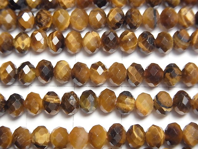 [Video] High Quality! Yellow Tiger's Eye AAA- Faceted Button Roundel 5x5x4mm 1strand beads (aprx.15inch/37cm)