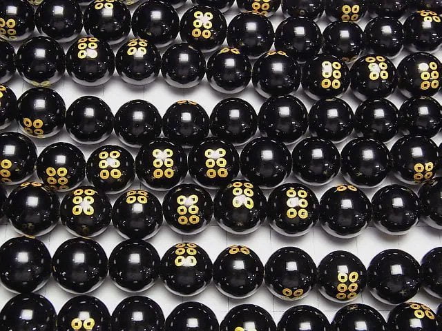 [Video] Golden! Yukimura Sanada's family crest (Sanada Rokumonsen) Carved! Onyx AAA Round 10mm,12mm 1/4 or 1strand