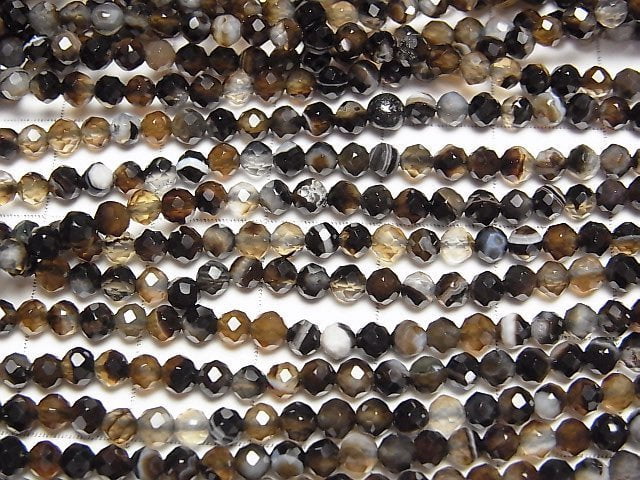 [Video] High Quality! Brown Stripe Agate Faceted Round 3mm 1strand beads (aprx.15inch/37cm)