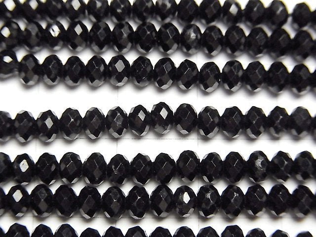 [Video] High Quality! Black Tourmaline AAA- Faceted Button Roundel 4x4x2.5mm 1strand beads (aprx.15inch/37cm)