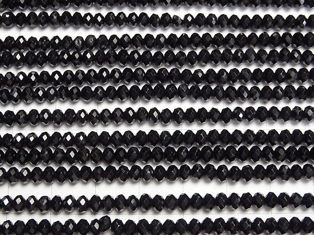 [Video] High Quality! Black Tourmaline AAA- Faceted Button Roundel 4x4x2.5mm 1strand beads (aprx.15inch/37cm)