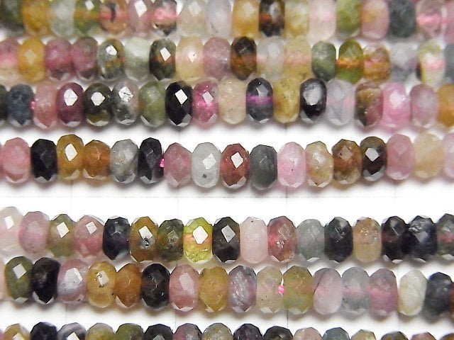 [Video] High Quality! Multi color Tourmaline AA Faceted Button Roundel 4x4x2.5mm 1strand beads (aprx.15inch/36cm)