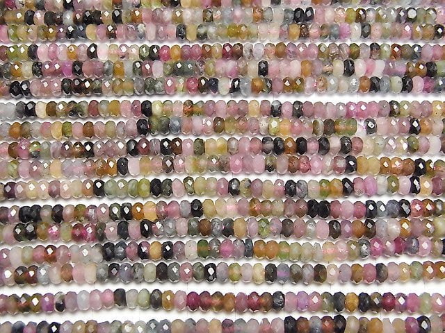 [Video] High Quality! Multi color Tourmaline AA Faceted Button Roundel 4x4x2.5mm 1strand beads (aprx.15inch/36cm)