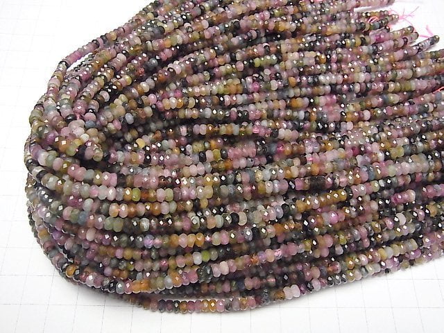 [Video] High Quality! Multi color Tourmaline AA Faceted Button Roundel 4x4x2.5mm 1strand beads (aprx.15inch/36cm)