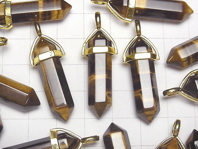 [Video] Yellow Tiger's Eye AAA- Double Point Pendant 32x8x8mm Gold color 3pcs