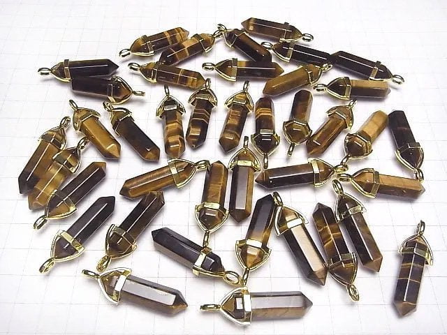 [Video] Yellow Tiger's Eye AAA- Double Point Pendant 32x8x8mm Gold color 3pcs