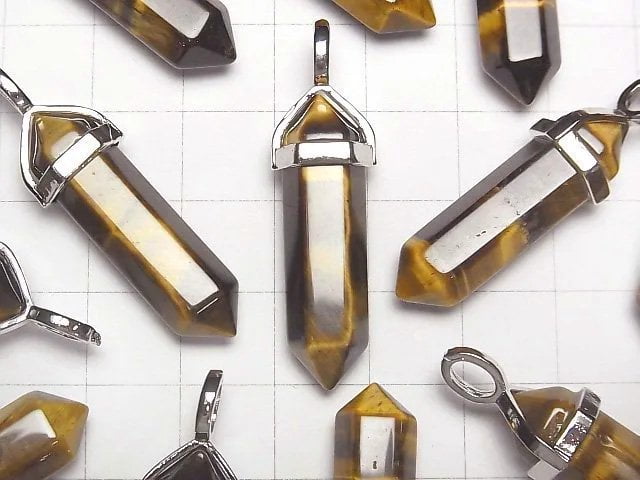 [Video] Yellow Tiger's Eye AAA- Double Point Pendant 32x8x8mm Silver color 3pcs