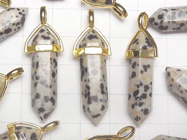 [Video]Dalmatian Jasper Double Point Pendant 32x8x8mm Gold color 3pcs