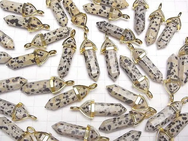 [Video]Dalmatian Jasper Double Point Pendant 32x8x8mm Gold color 3pcs