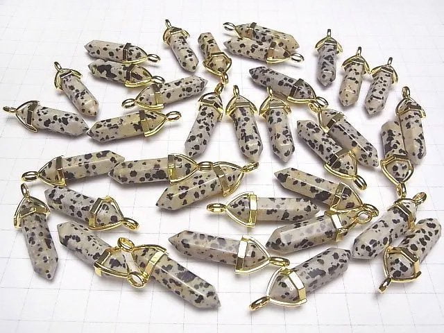 [Video]Dalmatian Jasper Double Point Pendant 32x8x8mm Gold color 3pcs