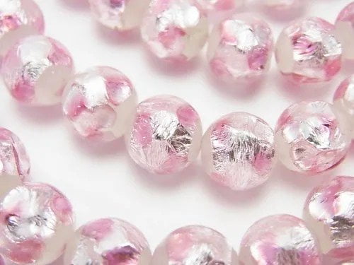 [Video] Lampwork Beads Round 10mm [Pink x Silver x White] 1/4 or 1strand beads (aprx.15inch/36cm)