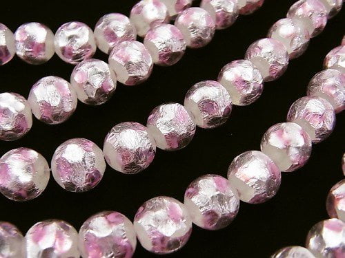 [Video] Lampwork Beads Round 10mm [Pink x Silver x White] 1/4 or 1strand beads (aprx.15inch/37cm)