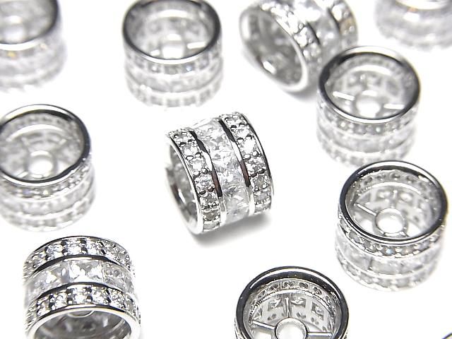 Metal parts Rondelle 10x10x7.5mm Silver color (with CZ) 2pcs