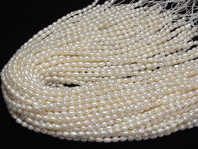 [Video]Fresh Water Pearl AA Rice 6x4x4mm White 1strand beads (aprx.14inch/34cm)