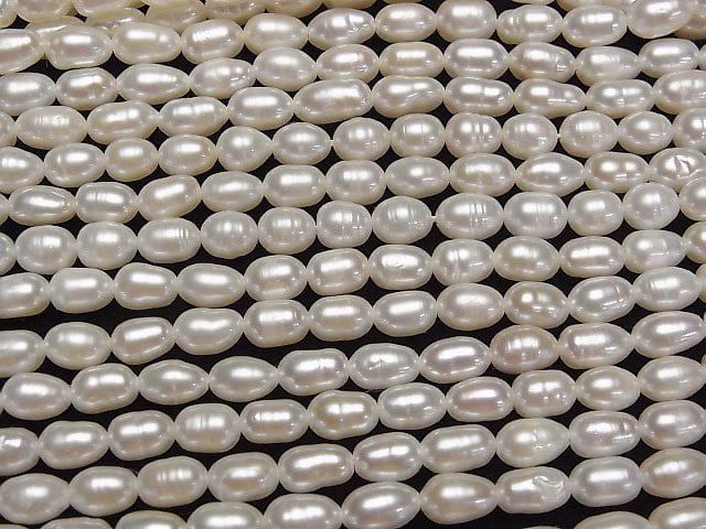 [Video]Fresh Water Pearl AA+ Rice 7x5x5mm White 1strand beads (aprx.13inch/33cm)