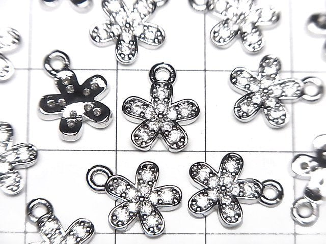 Metal parts flower motif charm 11x9mm silver color (with CZ) 3pcs