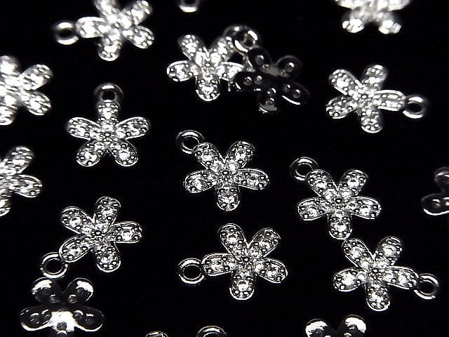 Metal parts flower motif charm 11x9mm silver color (with CZ) 3pcs