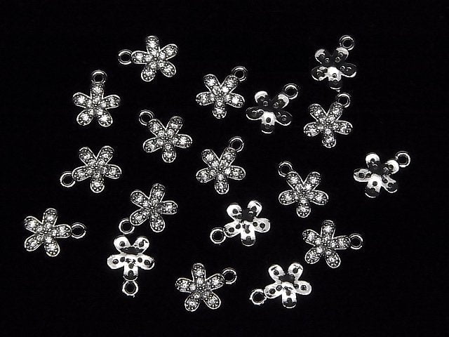 Metal parts flower motif charm 11x9mm silver color (with CZ) 3pcs