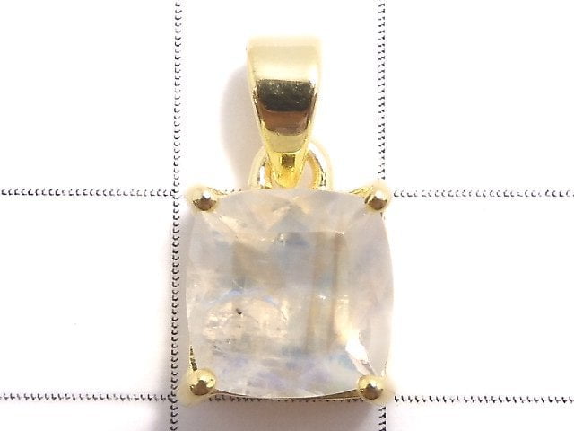 [Video][One of a kind] High Quality Rainbow Moonstone AAA Faceted Pendant 18KGP NO.14