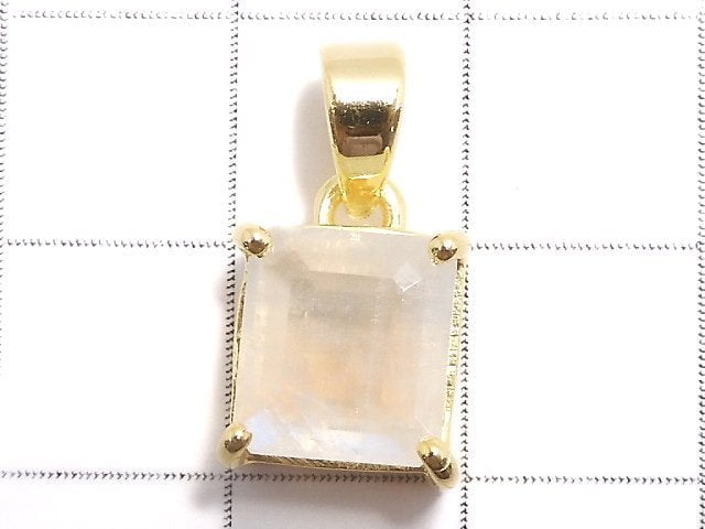 [Video][One of a kind] High Quality Rainbow Moonstone AAA Faceted Pendant 18KGP NO.15