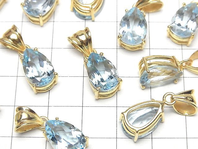 [Video]High Quality Sky Blue Topaz AAA Pear shape Faceted Pendant 14x9mm 18KGP 1pc